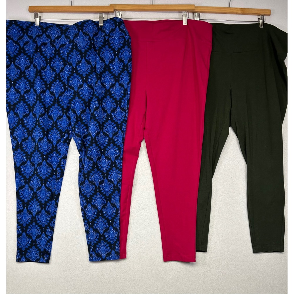 Boho Damask Terra & Sky Womens 3X Blue Black Pink Green Leggings 3 Pack
